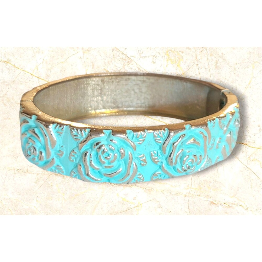 Vintage Silver Tone Blue Patina Snap On Oval Cuff Bracelet